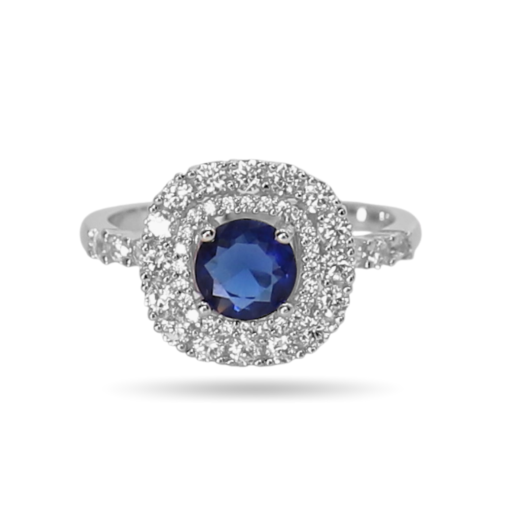 Blue Cushion Halo Ring