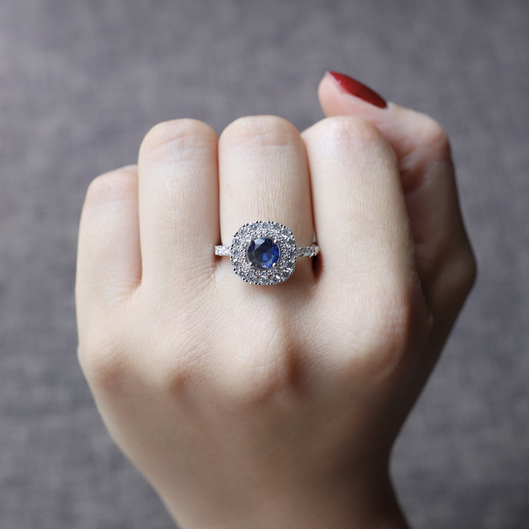 Blue Cushion Halo Ring