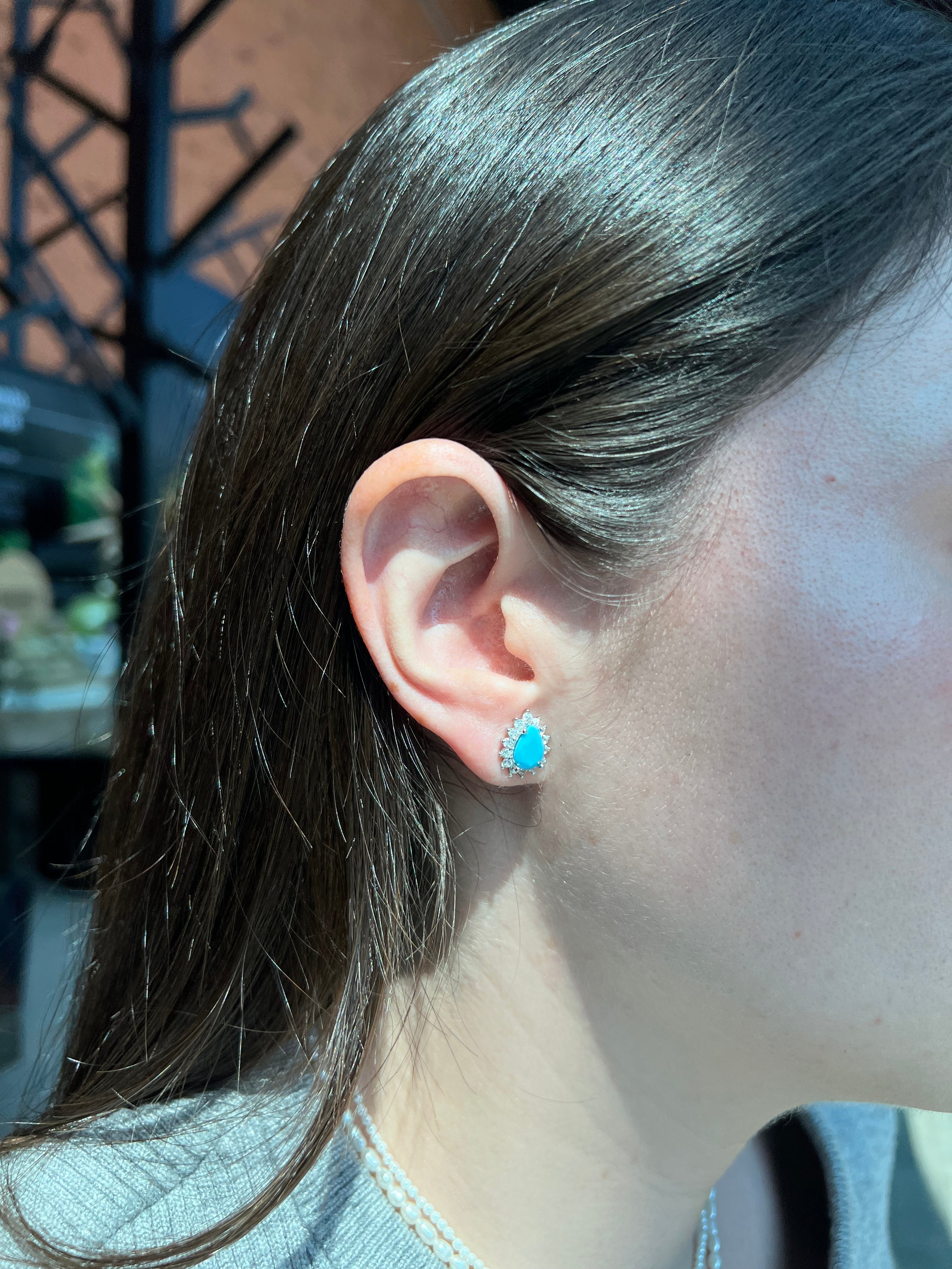 Big turquoise halo pear studs