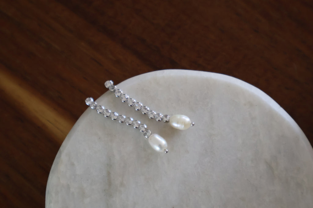 Long Pearl Bezel Earrings