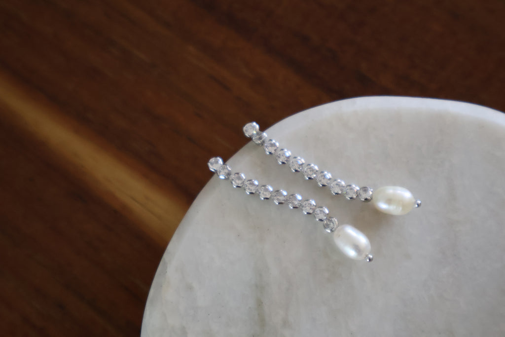 Long Pearl Bezel Earrings