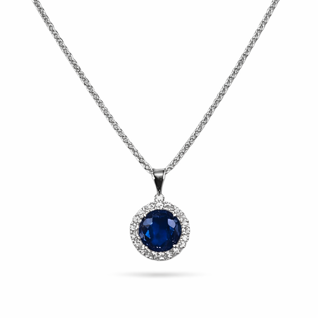 Blue round halo necklace