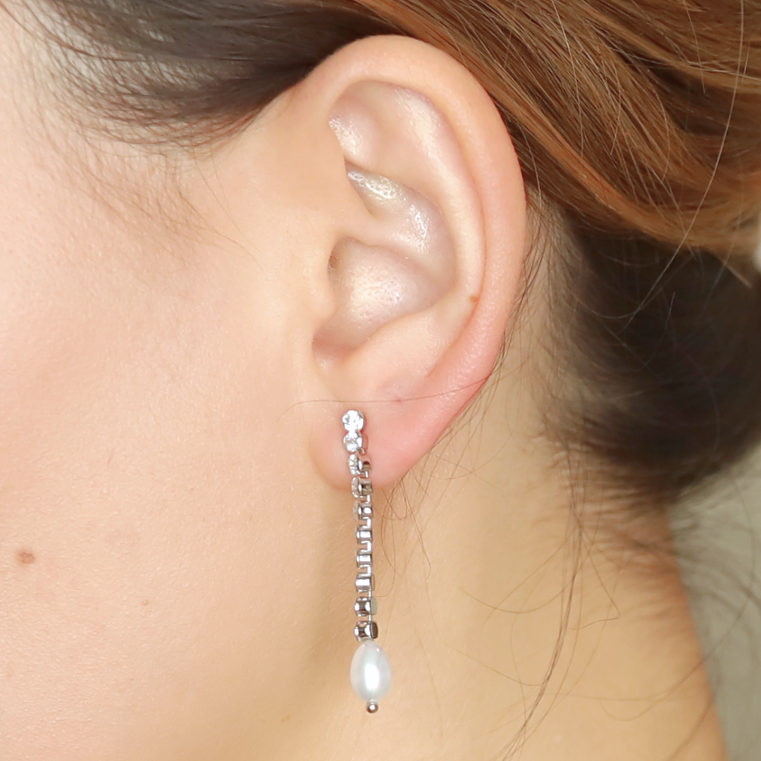 Long Pearl Bezel Earrings